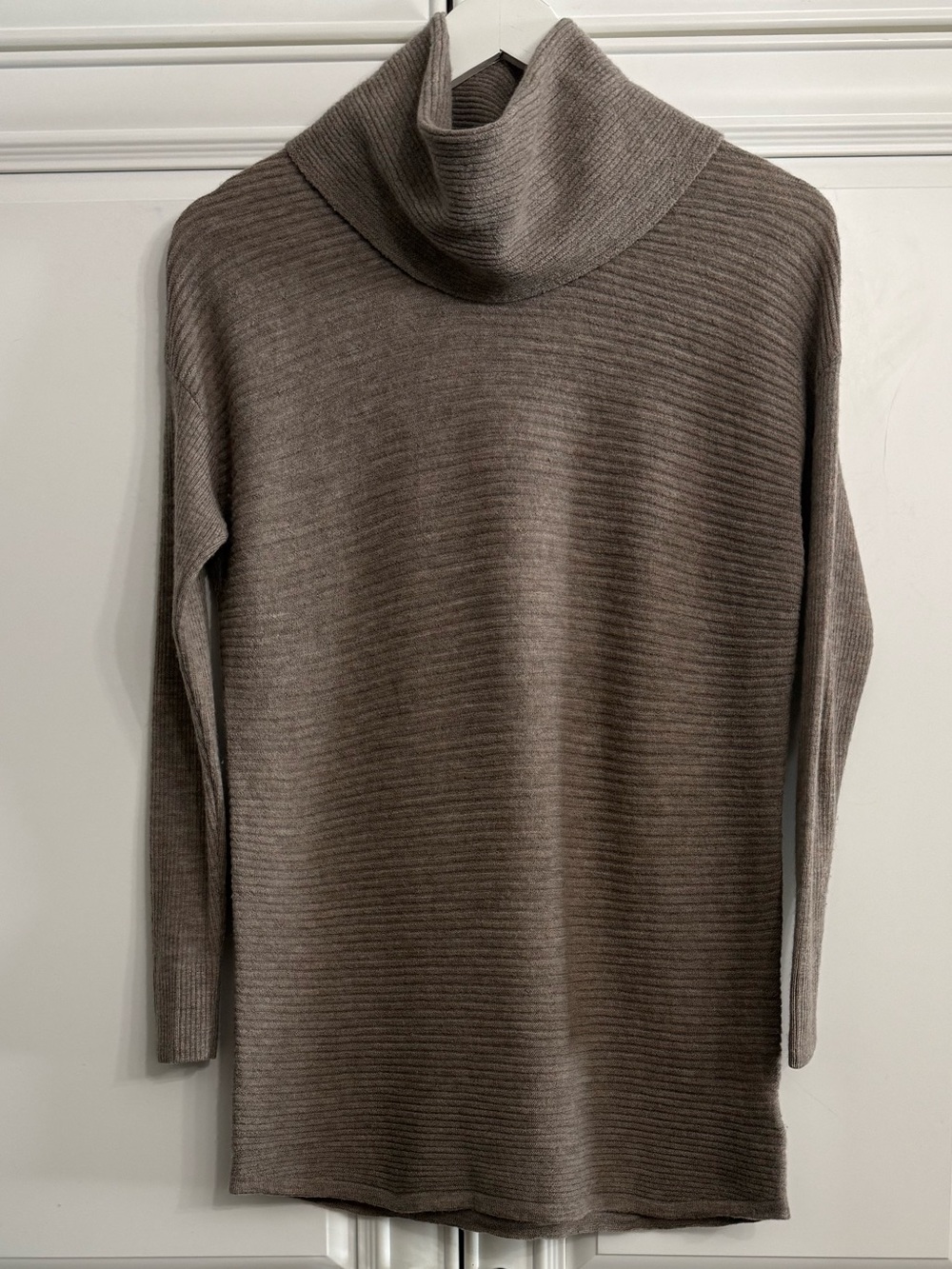 Adrienne Vittadini Taupe Brown Ribbed Cowl Neck Tunic Sweater 100% Wool Size S